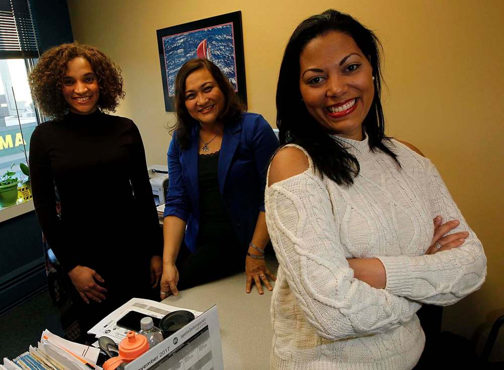 Lisandra Llamos Lopez (from left) and Maritess Matienzo are facilitators at Opportunities for Employment, a United Way Program that helped Canadian newcomer Mariale Duque jump-start her career here. Duque arrived from Venezuela in 2015 with a deep resumé, but was unable to find work right away. With assistance from Opportunities for Employment, she got the ball rolling on her career in Canada.