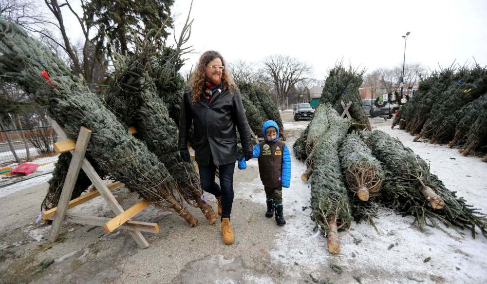 TREVOR HAGAN / WINNIPEG FREE PRESS
Josh Robern, and Percival, 5, moved to Winnipeg from California a few months ago, and are volunteering to sell Christmas trees at the Corydon Community Centre parking lot in River Heights Sunday.
