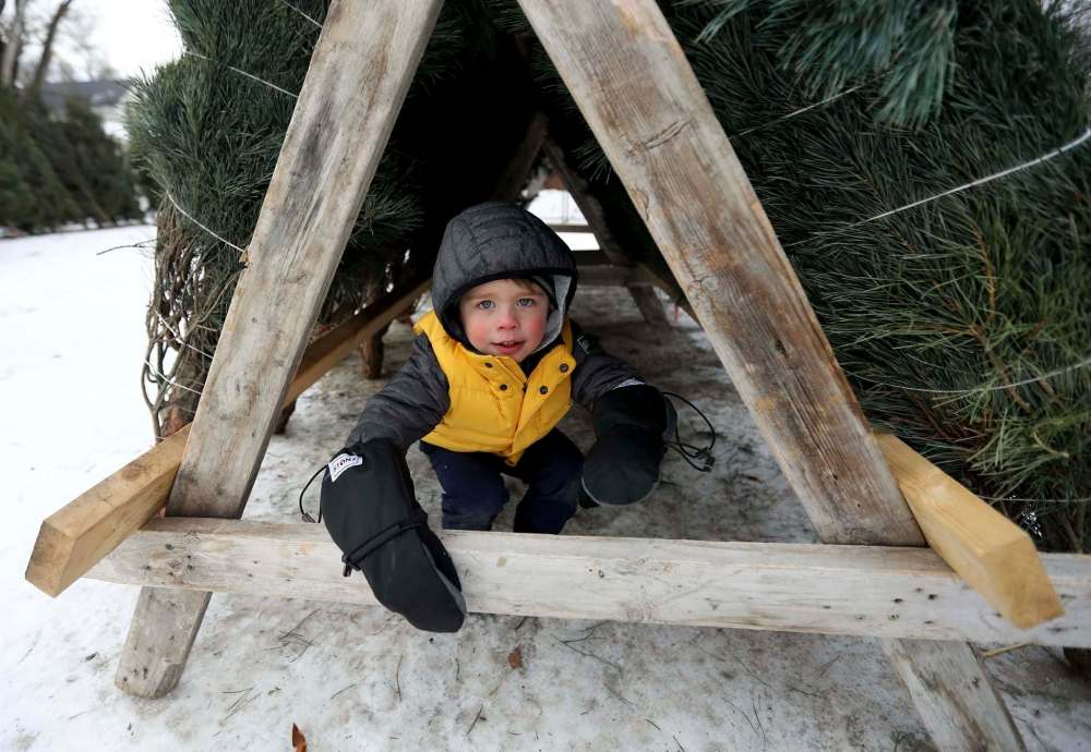 TREVOR HAGAN / WINNIPEG FREE PRESS
Edwin Tokaruk, 3, finds a cosy place to hide while shopping for Christmas trees at the lot in the Corydon Community Centre parking lot on Grosvenor Avenue Sunday.