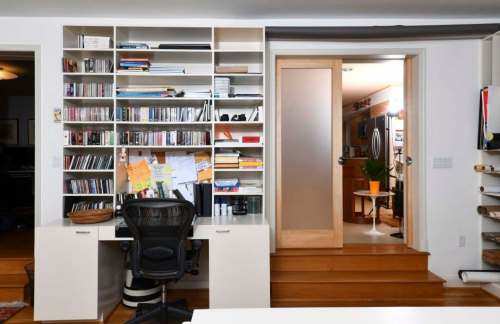 Katherine Frey / Washington Post
Frosted pocket doors can close off the home office from the rest of the house without significantly reducing the light in the space.