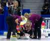 THE CANADIAN PRESS/Adrian Wyld
Team Jones skip Jennifer Jones, from Winnipeg, MB. looks on as skip Chelsea Carey, from Calgary, Alta. third Cathy Overton-Clapham (right) and lead Laine Peters (left) watch a shot enter the house Wednesday in Ottawa.