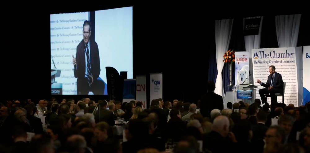 WAYNE GLOWACKI / WINNIPEG FREE PRESS
Premier Brian Pallister delivers his ‘State of the Province’ at the Winnipeg Chamber of Commerce luncheon in the RBC Convention Centre Thursday.