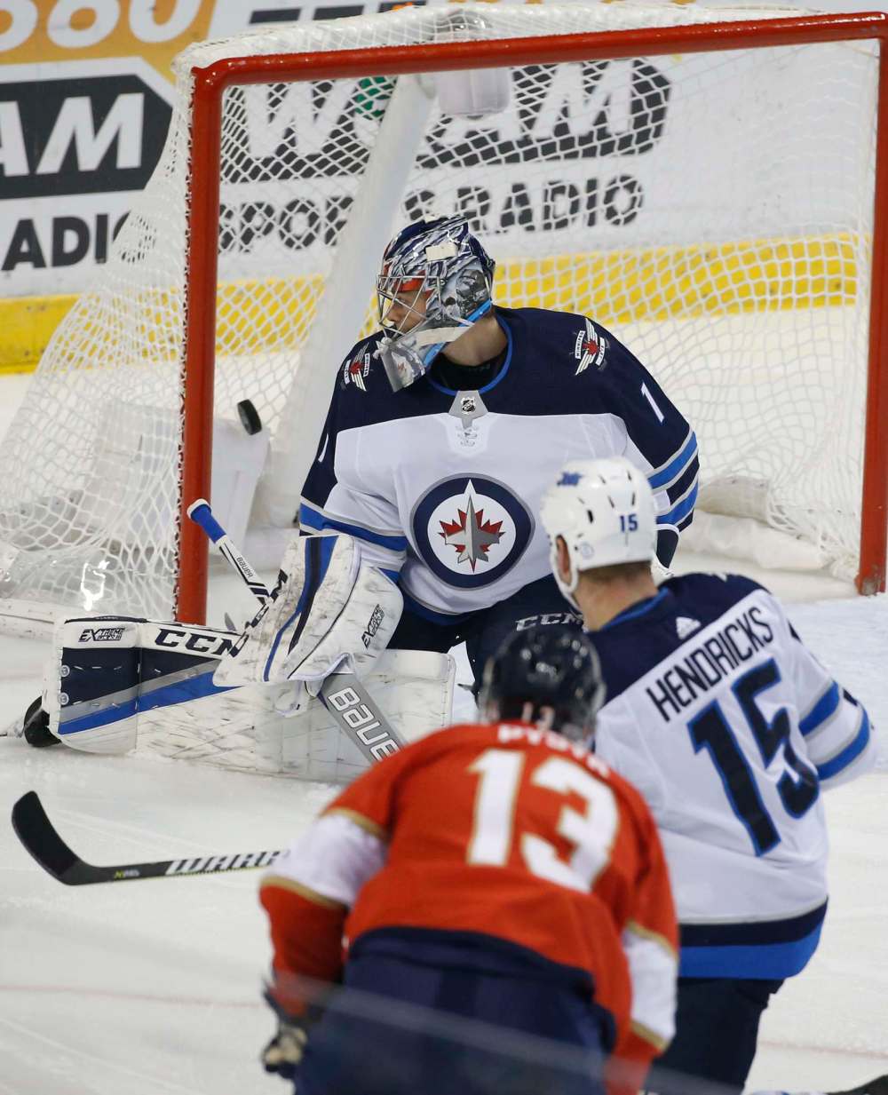 AP Photo/Wilfredo Lee
Florida Panthers defenseman Mark Pysyk scores a goal against Winnipeg Jets goalie Eric Comrie during the first period.