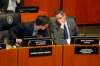 BORIS MINKEVICH / WINNIPEG FREE PRESS
From left, Matt Allard and Mayor Brian Bowman during the council debate on the city's new Vehicle for Hire bylaw.