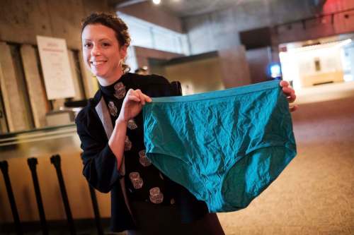 Daniel Crump / Winnipeg Free Press
Megan Heke of the Royal Manitoba Theatre Centre holds up a rather large pair of underwear that ended up in the theatre&rsquo;s lost-and-found box.