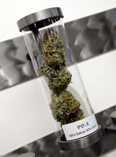 FILE - This Nov. 5, 2014, file photo shows a sample of medical marijuana displayed at Shango Premium Cannabis dispensary in Portland, Ore. It will be nearly two years before Oregonians can drop by the corner marijuana store to pick up some bud for the weekend, but growers are already gearing up to meet the increased demand of the coming Green Rush. On July 1, 2015 people can legally possess an ounce of marijuana in public, and 8 ounces at home, plus grow up to four plants at home. Applications for licenses to grow, process, wholesale and sell retail marijuana will be accepted starting Jan. 4, 2016. (AP Photo/Don Ryan, File)