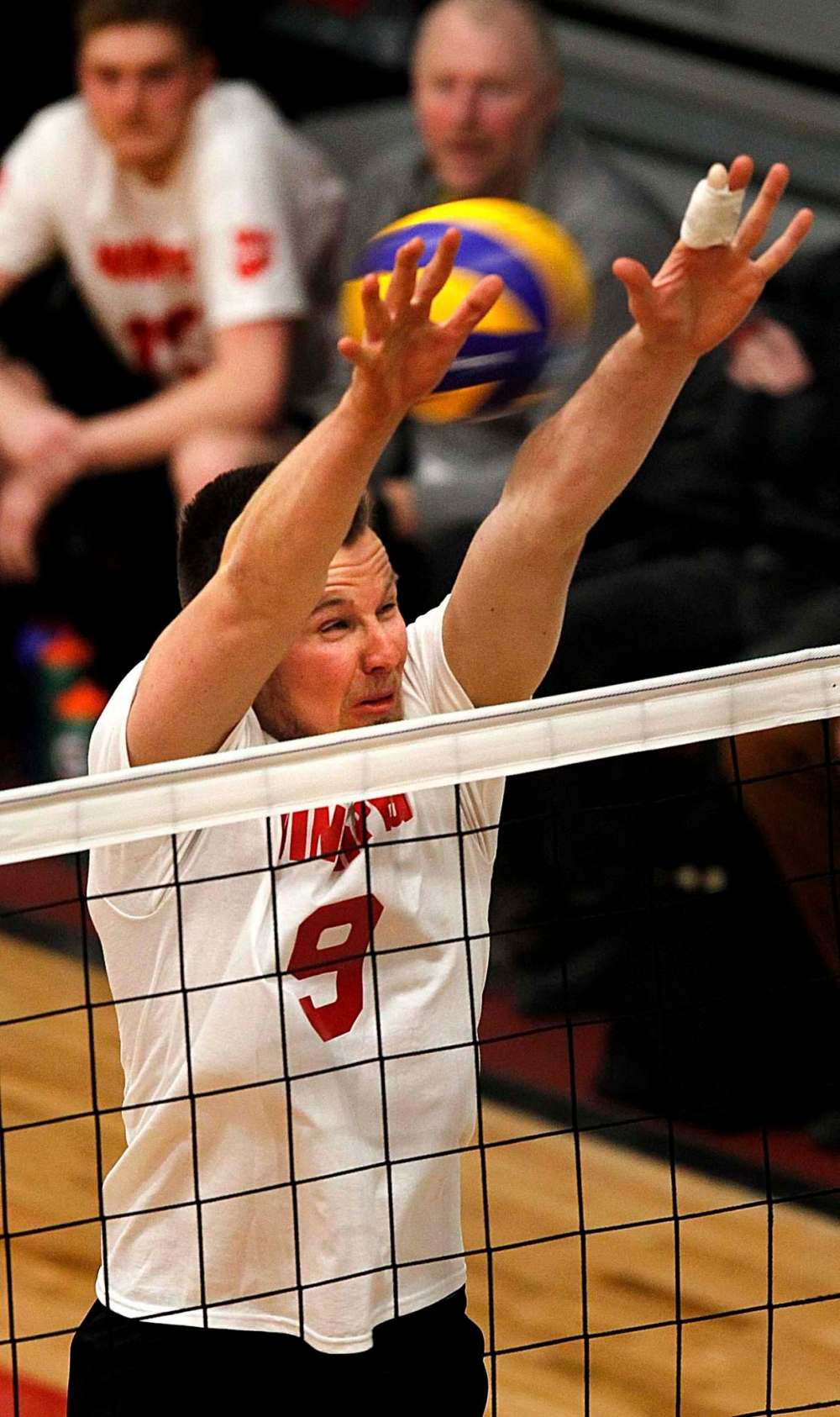 PHIL HOSSACK / WINNIPEG FREE PRESS
David Bommersbach misses a block against UNB Thursday evening.
