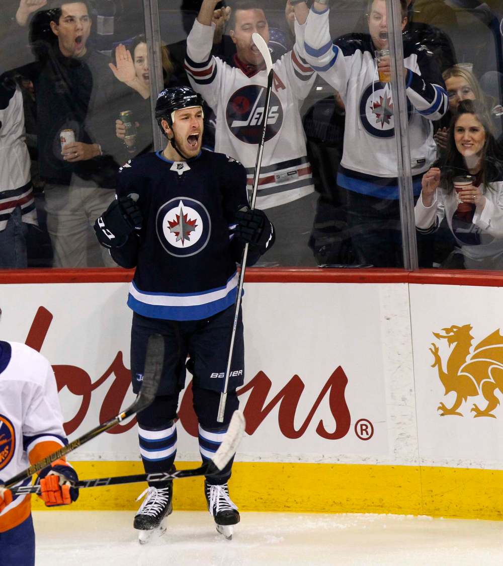 PHIL HOSSACK / Winnipeg Free Press
Winnipeg Jet Shawn Matthias celebrates his first goal of the season agaist the New Your Islanders, Friday night at Bell MTS Place.