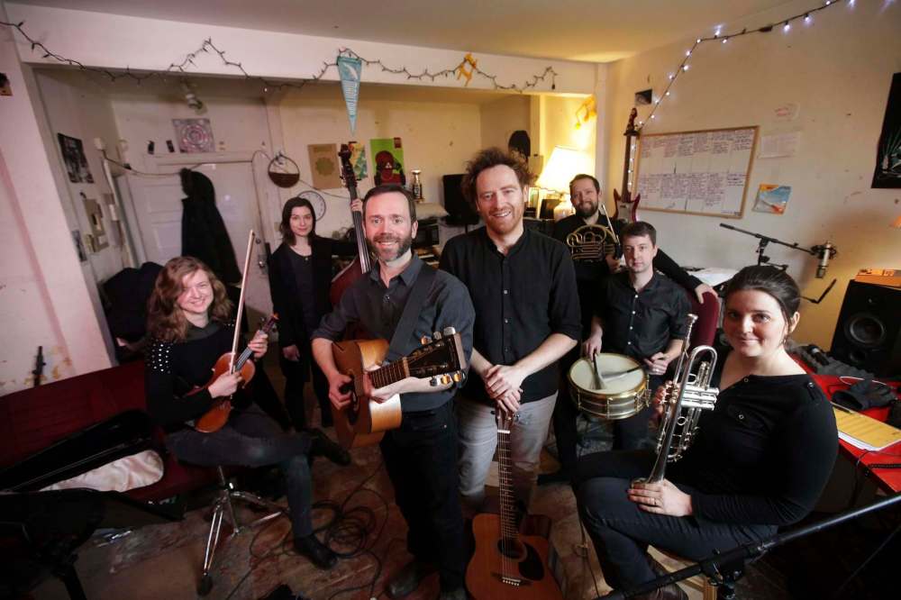 PHOTOS BY RUTH BONNEVILLE / WINNIPEG FREE PRESS
Heavy Bell performers Julie Penner, Natalie Bohrn, Tom Keenan, Matt Peters, Todd Martin, Derek Allard and Aja McMillan rehearse ahead of Saturday night’s show in Winnipeg.