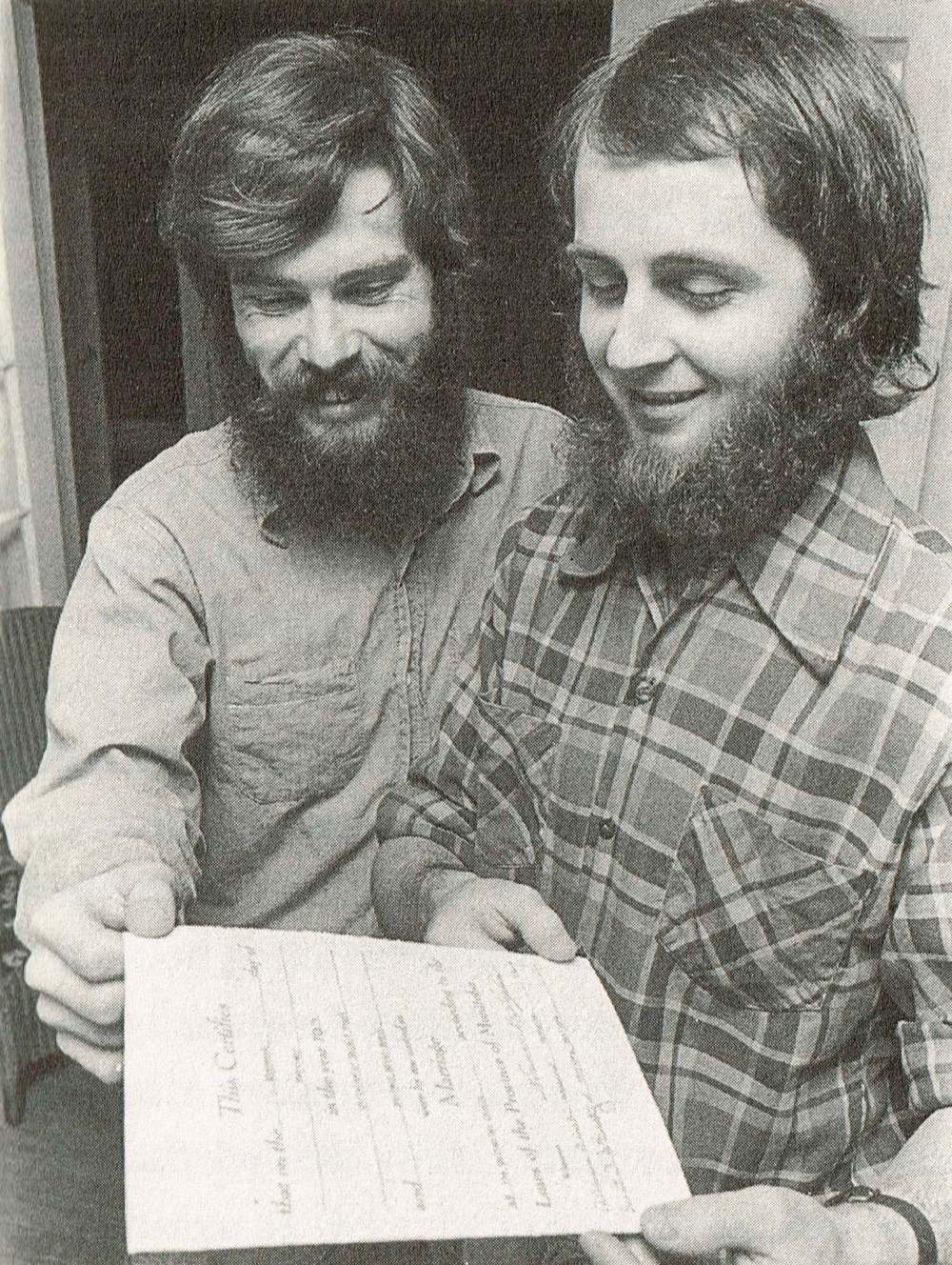 Winnipeg Tribune archives
Chris Vogel (left) and Richard North look over their marriage certificate in this 1974 photo. The province refused to recognize their nuptials.