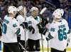 Chris O’Meara / The Associated Press files
San Jose Sharks defenceman Justin Braun (centre) celebrates with teammates during the third period of a game on Dec. 2, 2017, in Tampa, Fla.