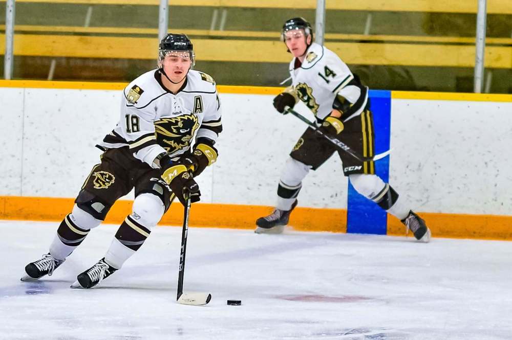 Jeff and Tara Miller / Bison Sports files
Michael St. Croix (left) leads the Bisons in scoring. He also attends the University of Manitoba’s Asper School of Business, while working at other endeavours outside of hockey and school.