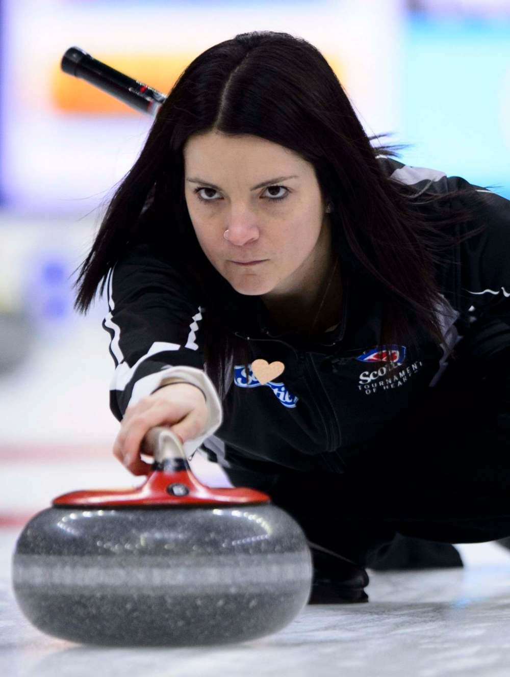 Wild Card skip Kerri Einarson throws the stone as they take on Nova Scotia at the Scotties Tournament of Hearts in Penticton, B.C., on Sunday, Jan. 28, 2018. THE CANADIAN PRESS/Sean Kilpatrick