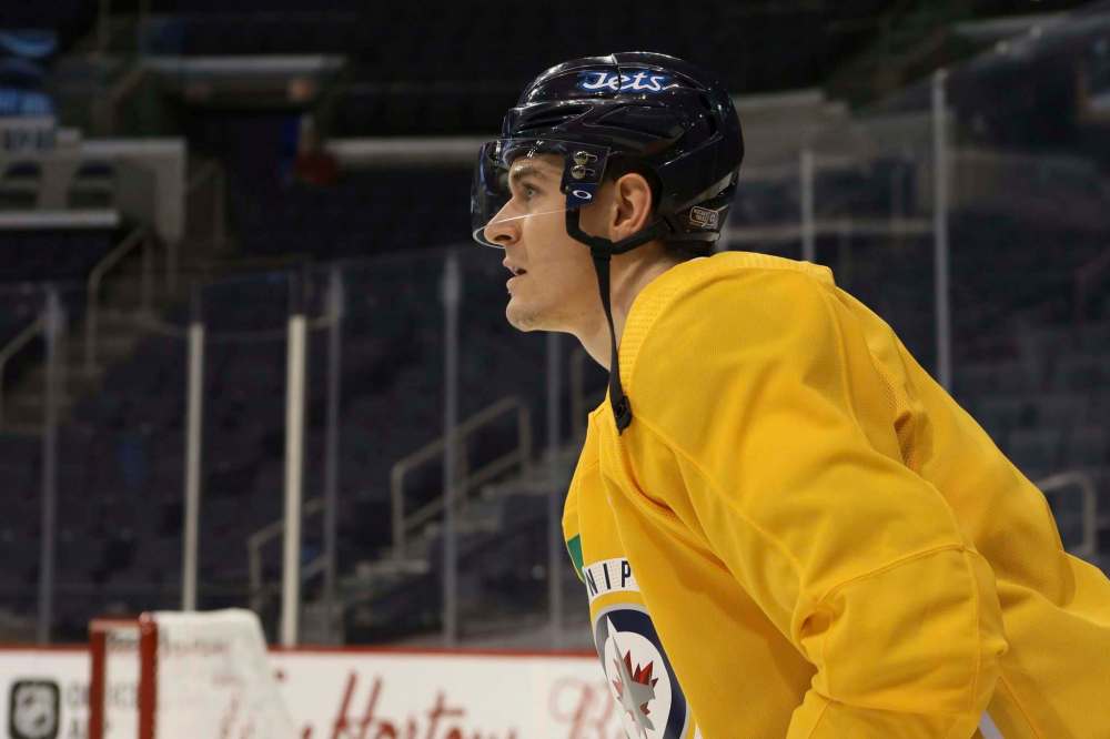 Mark Scheifele returned to the ice with the Jets in a yellow no-contact jersey today. (Winnipeg Jets photo)