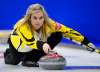 Manitoba skip Jennifer Jones throws as they take on Northern Ontario at the Scotties Tournament of Hearts in Penticton yesterday. (Sean Kilpatrick / The Canadian Press)