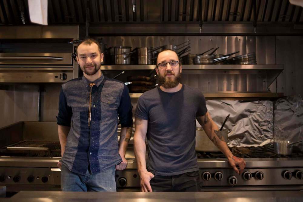 JEN DOERKSEN / WINNIPEG FREE PRESS
Sean Bernard (left) and Lucien Joyal are co-owners of new restaurant Oxbow on Osborne Street.