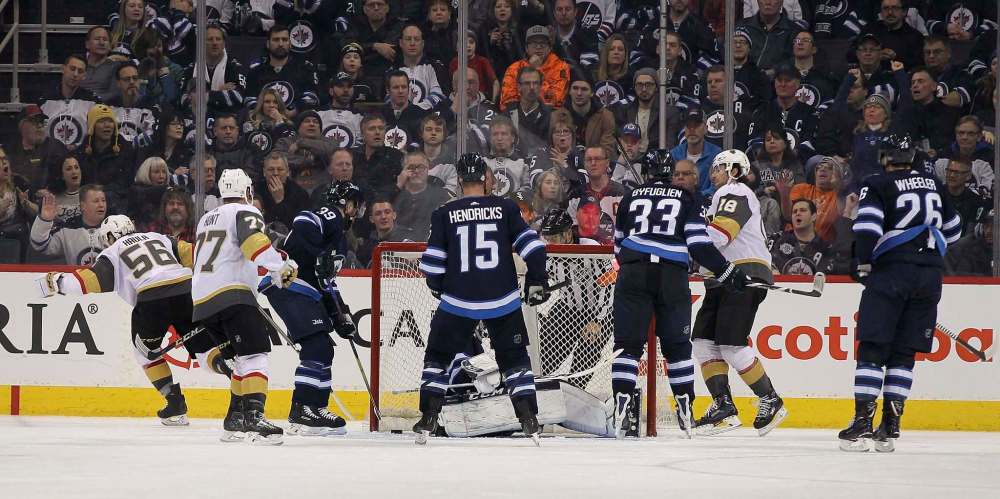 Ruth Bonneville / Winnipeg Free Press
The Vegas Golden Knights score a controversial goal Thursday to take a 2-1 lead.