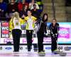 SEAN KILPATRICK / THE CANADIAN PRESS
Manitoba skip Jennifer Jones, left, gives a high-five to teammate Shannon Birchard as Wild Card skip Kerri Einarson strategizes with third Selena Kaatz at the Scotties Tournament of Hearts in Penticton, B.C., on Saturday, Feb. 3, 2018.