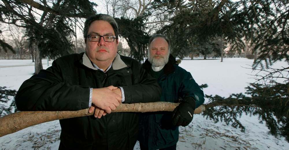 PHIL HOSSACK / Winnipeg Free Press
Kyle Mason (left) and Very Reverend Paul Johnson at St. John’s Park, where Canada’s second-ever Healing Forest will see its first phase at the site finished in the summer.