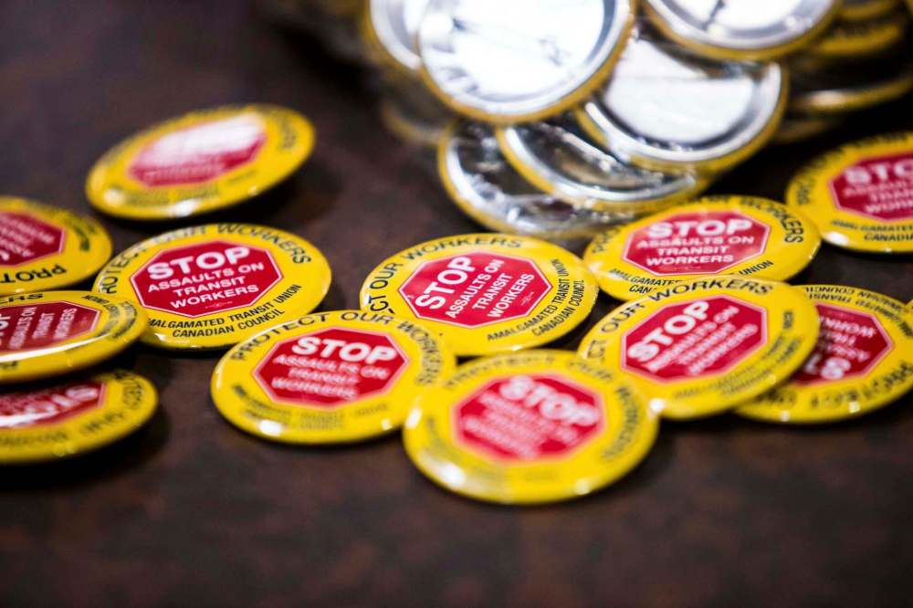 MIKAELA MACKENZIE / WINNIPEG FREE PRESS
Pins availabe at the Amalgamated Transit Union memorial for Irvine Jubal Fraser.