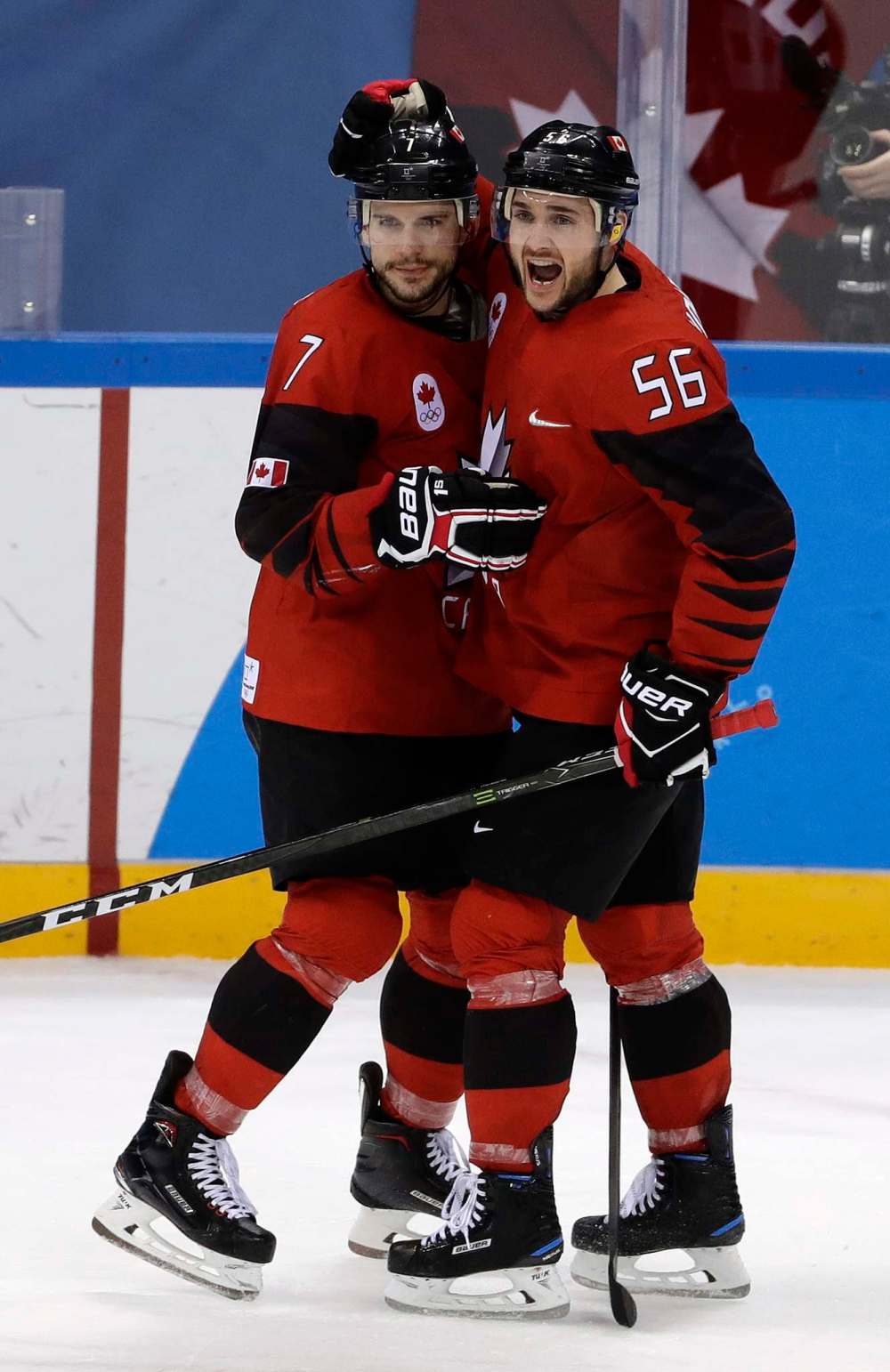 Matt Slocum / The Associated Press
Gilbert Brule (7), of Canada, celebrates a goal with Maxim Noreau (56) during the third period of the preliminary round of the men's hockey game against South Korea at the 2018 Winter Olympics in Gangneung, South Korea, Sunday, Feb. 18, 2018.