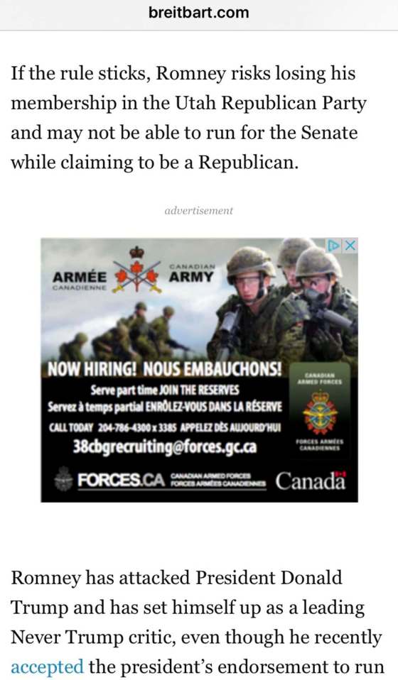 A screen capture of a Canadian military recruitment ad on Breitbart.com.