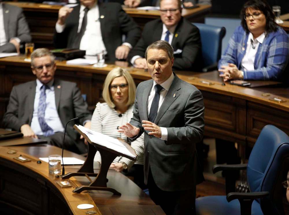 PHIL HOSSACK / WINNIPEG FREE PRESS
Manitoba Minister of Finance Cameron Friesen delivers his budget at the Manitoba Legislature Monday.