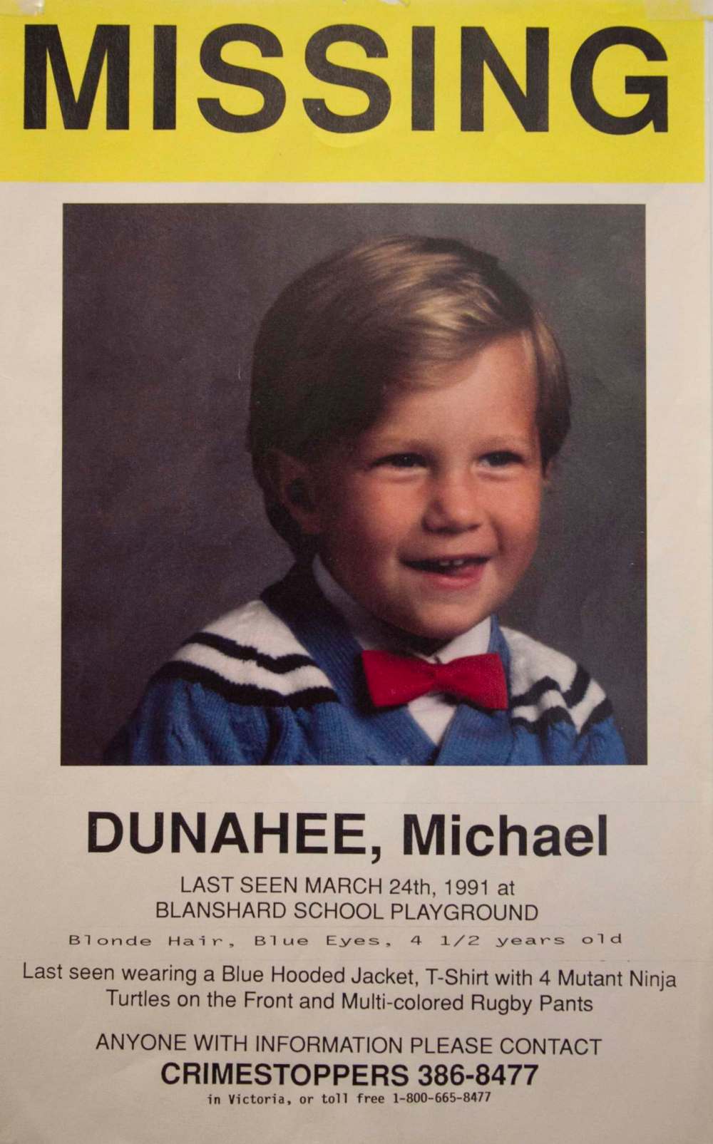 DARREN STONE / TIMES COLONIST
A poster for 4-year-old Michael Dunahee, who was abducted from a Victoria playground and never found.