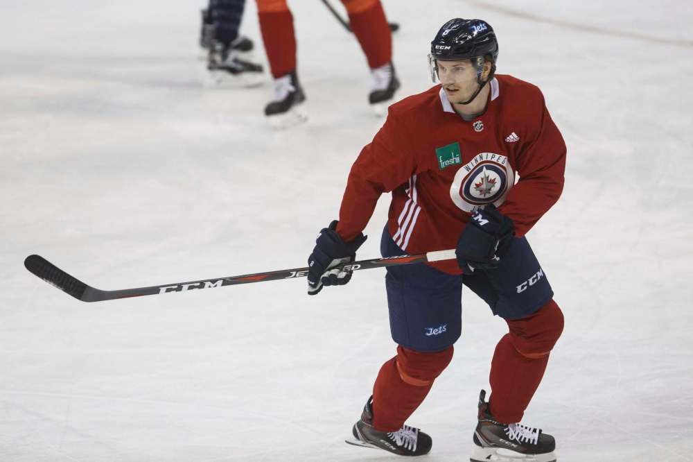 Winnipeg Jets' Jacob Trouba (8) during practice at Bell MTS Place Thursday morning prior to a home game against the Chicago Blackhawks.180315 - Thursday, March 15, 2018.