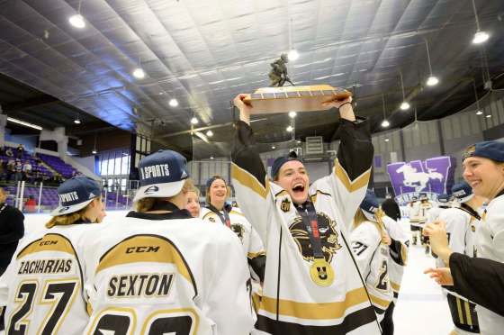 BRANDON VANDECAVEYE PHOTOUniversity of Manitoba Bison Womens hockey team celebrate after receiving the U Sports Women’s Hockey Championship trophy Sunday, March 18, 2018. They defeated the Western Ontario Mustangs 2-0 to earn their first national title.