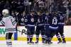 TREVOR HAGAN / THE CANADIAN PRESS
Winnipeg Jets' Adam Lowry (17), Joel Armia (40), Ben Chiarot (7), Brandon Tanev (13) and Tyler Myers (57) celebrate after Chiarot scored during second period NHL hockey action against the Dallas Stars, in Winnipeg, Sunday, March 18, 2018.