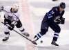 THE CANADIAN PRESS/Trevor Hagan
Los Angeles Kings centre Nate Thompson and Winnipeg Jets right wing Patrik Laine battle for the puck during first period NHL hockey action Tuesday. Laine left the game in the second period after blocking a shot and did not return.