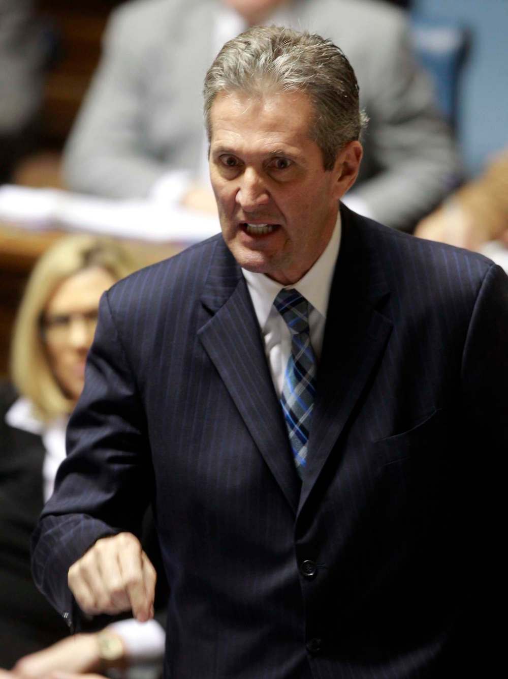 BORIS MINKEVICH / WINNIPEG FREE PRESS
Manitoba Premier Brian Pallister reacts to questions from the opposition in question period at the Manitoba Legislative Building.