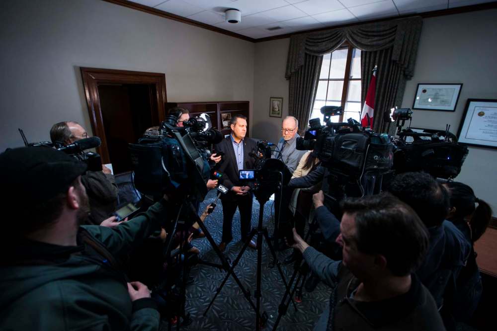 MIKAELA MACKENZIE / WINNIPEG FREE PRESS
Cliff Cullen announces new appointments to the Manitoba Hydro-Electric Board at the Manitoba Legislative Building in Winnipeg on Friday, March 23, 2018.