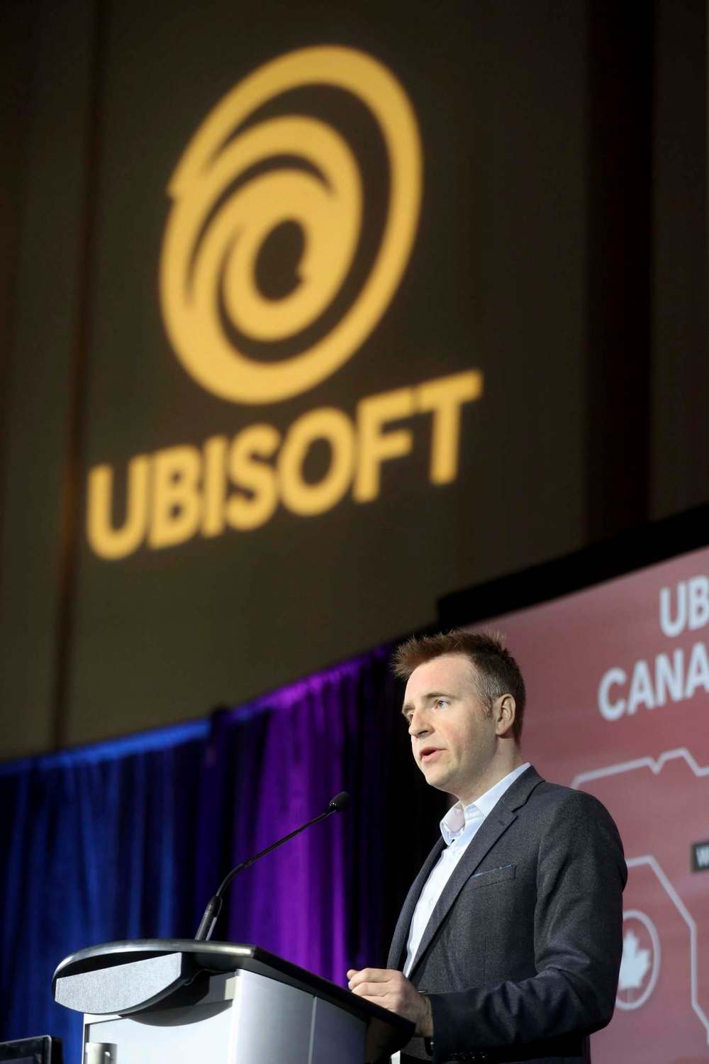 Ubisoft Canada CEO Yannis Mallat, announcing upcoming plans to open a studio in Winnipeg. (Trevor Hagan / Winnipeg Free Press)