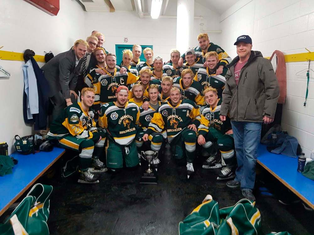 Twitter-@HumboldtBroncos
Members of the Humboldt Broncos junior hockey team in a photo posted to the team Twitter feed March 24, 2018 after a playoff win over the Melfort Mustangs.