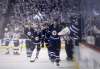 TREVOR HAGAN / WINNIPEG FREE PRESS
Winnipeg Jets' Patrik Laine (29) celebrates after scoring on Minnesota Wild's goaltender Devan Dubnyk (40) during third period NHL playoff action, Wednesday, April 11, 2018.