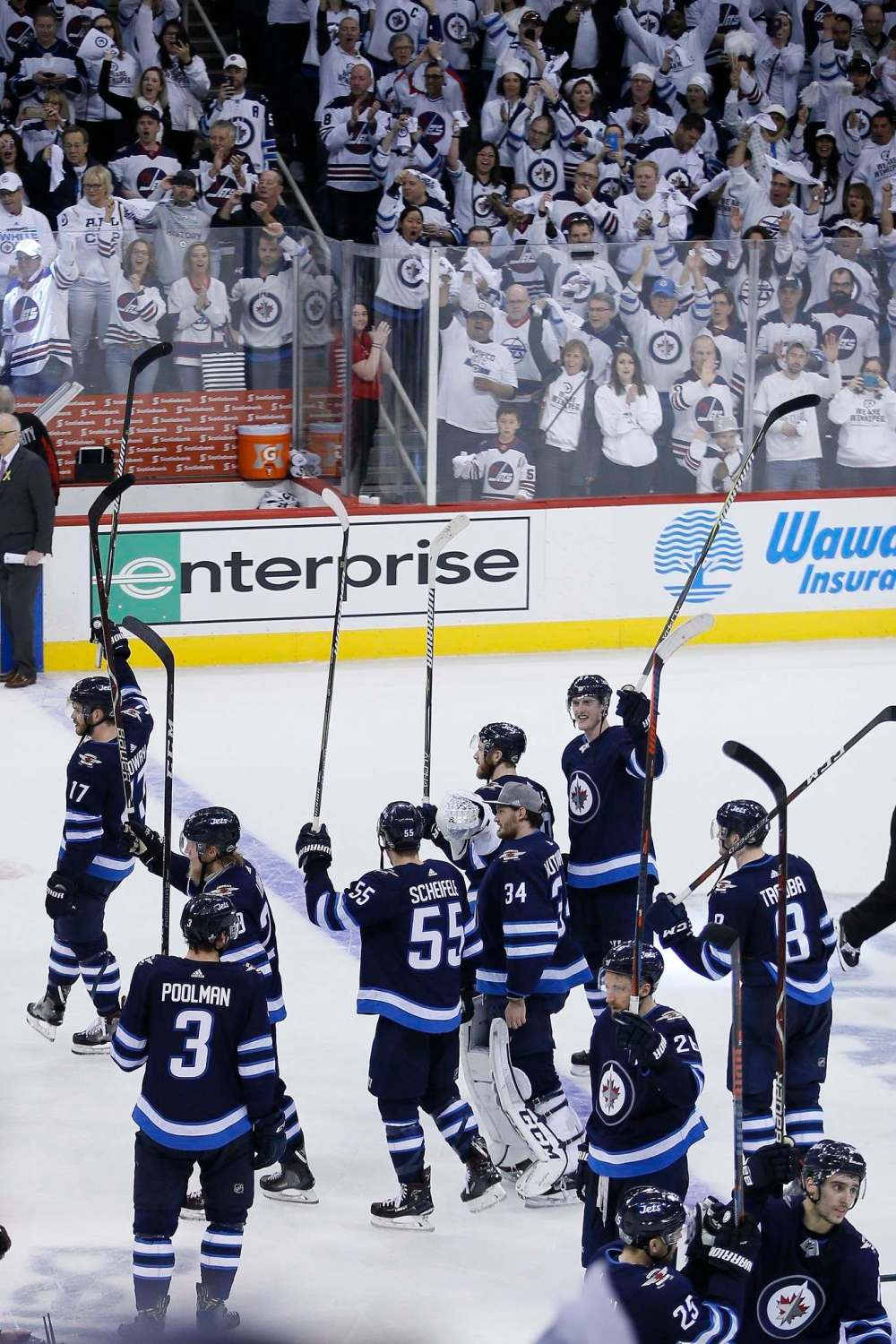 Winnipeg Jets celebrate defeatin the Minnesota Wild in game five NHL first round playoff action 4-1 in Winnipeg on Friday, April 20, 2018. THE CANADIAN PRESS/John Woods