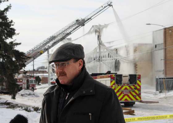 RYAN THORPE / WINNIPEG FREE PRESSAlex Forrest, president of the United Firefighters of Winnipeg speaks at the location of the St. James warehouse fire in February. The Canadian Taxpayers Federation says the city is being reckless with Winnipeggers' money by paying Alex Forrest regardless of whether he shows up for joint safety committee meetings or not.
