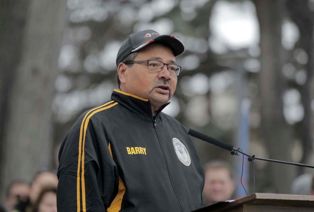 RUTH BONNEVILLE / WINNIPEG FREE PRESS FILES
Barry Swan passionately speaks at the podium and wants answers and closure from the death of his son, Todd Maytwayashing, 22-year-old man from Red Eagle-Misskwa Kinew, who died while working on a hydro project in northern Manitoba.