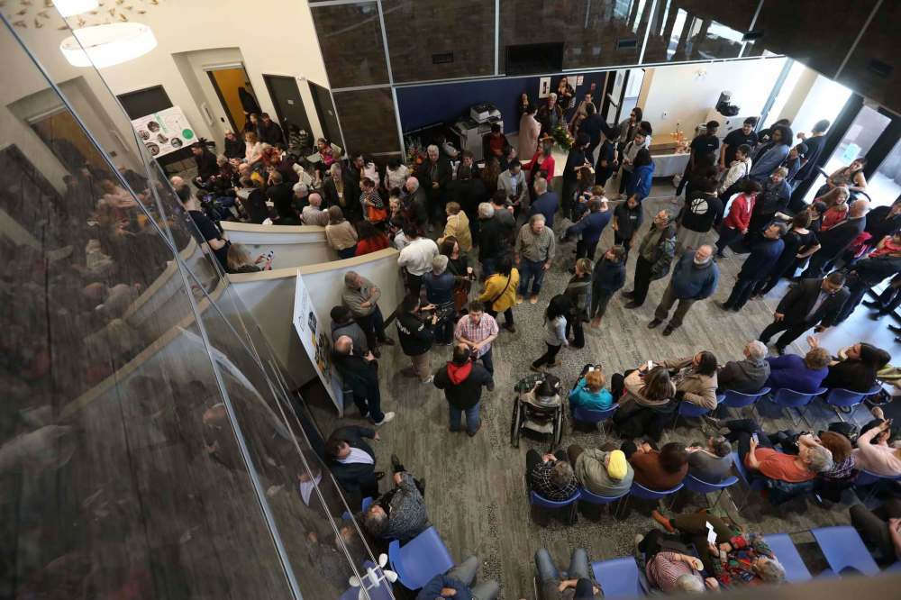 The foyer of Merchants Corner on Selkirk Avenue was crowded during the opening day celebrations Saturday. (Ruth Bonneville / Winnipeg Free Press)