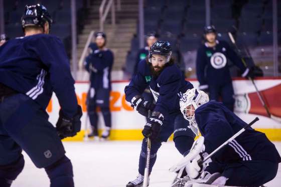 MIKAELA MACKENZIE / WINNIPEG FREE PRESSJets forward Mathieu Perreault wasn’t wearing the yellow, ‘non-contact’ sweater at Wednesday’s practice. He says he’s ready to play whenever the team needs him.