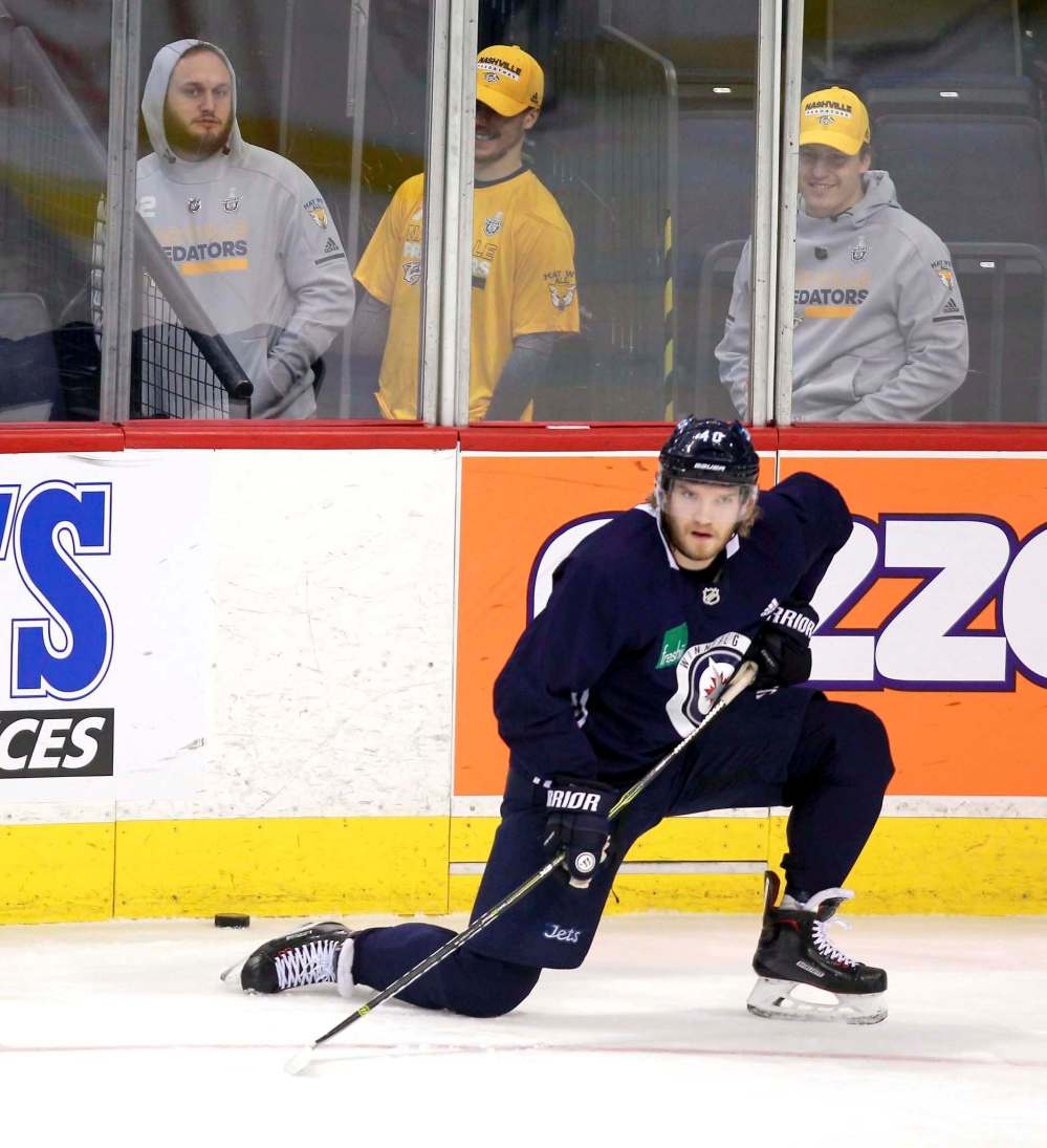 Joel Armia in front of the opposing team's corner at Monday morning's skate. (Boris Minkevich / Winnipeg Free Press)