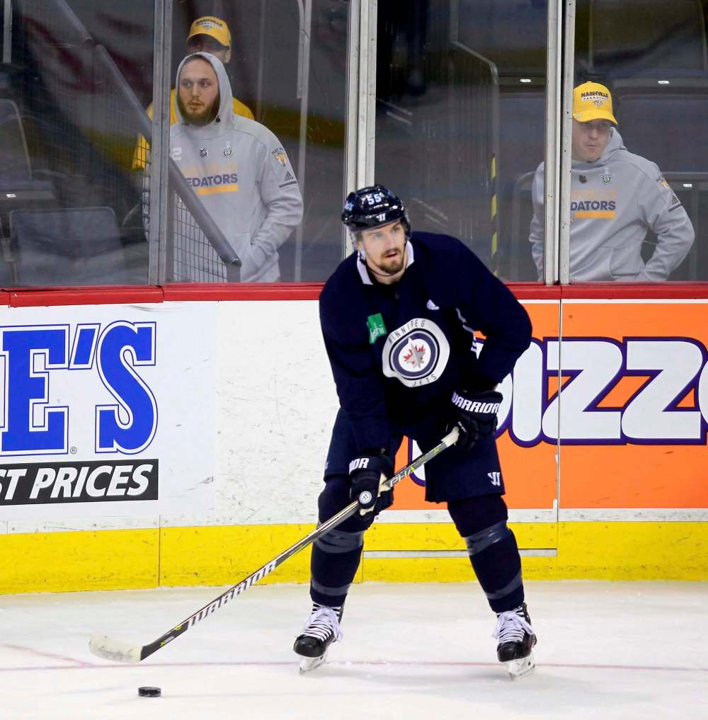 Mark Scheifele in front of the opposing team Nashville Predators corner at Monday morning's skate. (Boris Minkevich / Winnipeg Free Press)