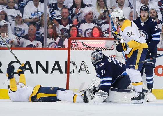 THE CANADIAN PRESS/John WoodsNashville Predators' Filip Forsberg and Ryan Johansen celebrate Forsberg's goal against Winnipeg Jets goaltender Connor Hellebuyck during second period on Monday.