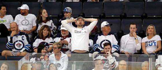PHIL HOSSACK / WINNIPEG FREE PRESSThe fans remaining stood stunned at the Jets 4-0 loss against the Nashville Predators after the 3rd period Monday night.