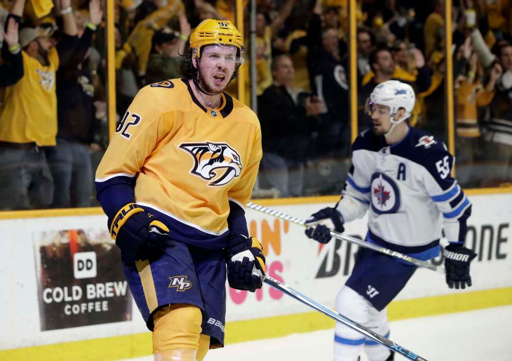 Nashville Predators center Ryan Johansen (92) celebrates after scoring a short-handed goal against the Winnipeg Jets during the second period in Game 5 of an NHL hockey second-round playoff series Saturday, May 5, 2018, in Nashville, Tenn. (AP Photo/Mark Humphrey)