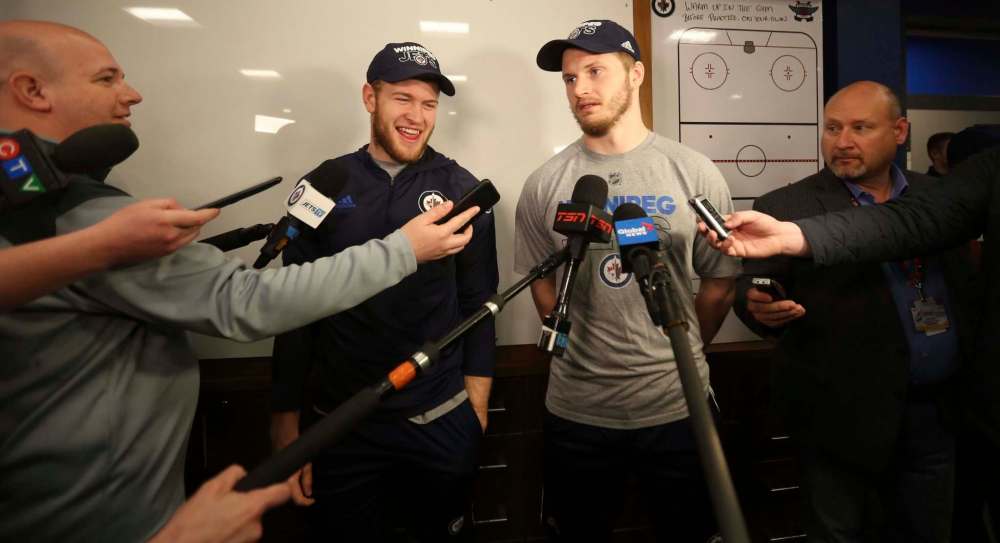 TREVOR HAGAN / WINNIPEG FREE PRESS
Winnipeg Jets Andrew Copp and Jacob Trouba talk to the media at the Bell MTS Iceplex, Sunday, May 13, 2018.