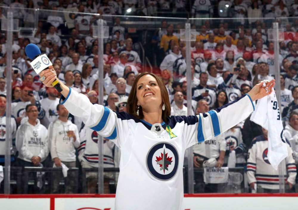 Jets anthem singer Stacey Nattrass says she appreciates the Bell MTS Centre crowd’s enthusiasm as she belts out O Canada prior to the Jets’ playoff games this post-season. (Jonathan Kozub / NHL via Getty Images files)