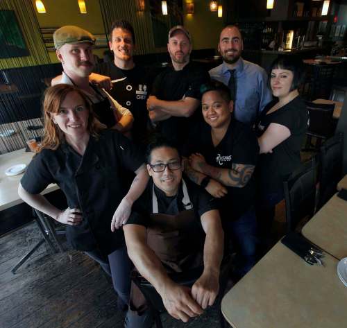 PHIL HOSSACK / WINNIPEG FREE PRESS
Clockwise from front: Allan Pineda (Baon Manila Nights), Rachel Isaak (Loaf and Honey), Steve Strecker (Atomic Dinner Rolls), Matty Neufeld (Prairie Kitchen Catering), Dustin Peltier (Loaf and Honey), Chris Kirouac (InFerno&rsquo;s on Academy), Jessie Hodel (Roughage) and Candice Tonelete (Roughage).